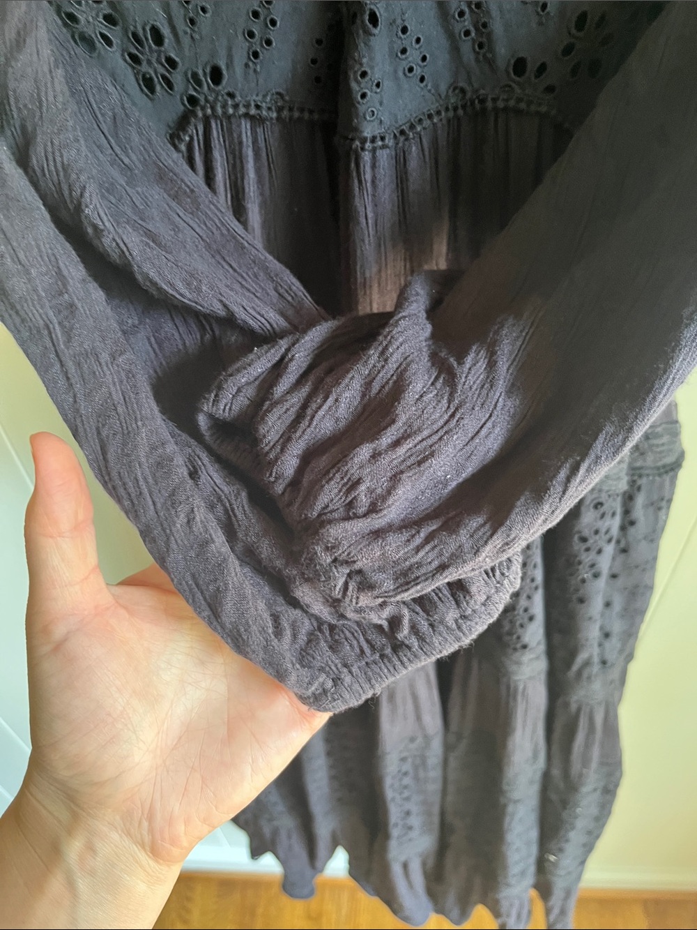 Free People Mockingbird Boho Black Cottagecore Eyelet Tiered Maxi Dress Sz XS - Picture 9 of 15